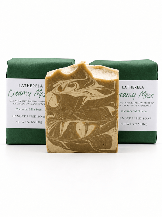 Creamy Moss Handcrafted Tallow Soap | Swirls of Aloe Vera, Moringa, Rice Bran, Oats & Honey - Latherela